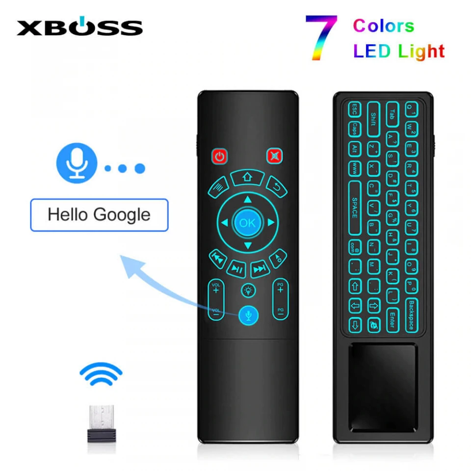 XBOSS T8 PLUS 2.4G Mini Air Mouse Keyboard Voice Control & Touchpad Wireless Remote Control 7 Color Backlight for Android TV Box/PC