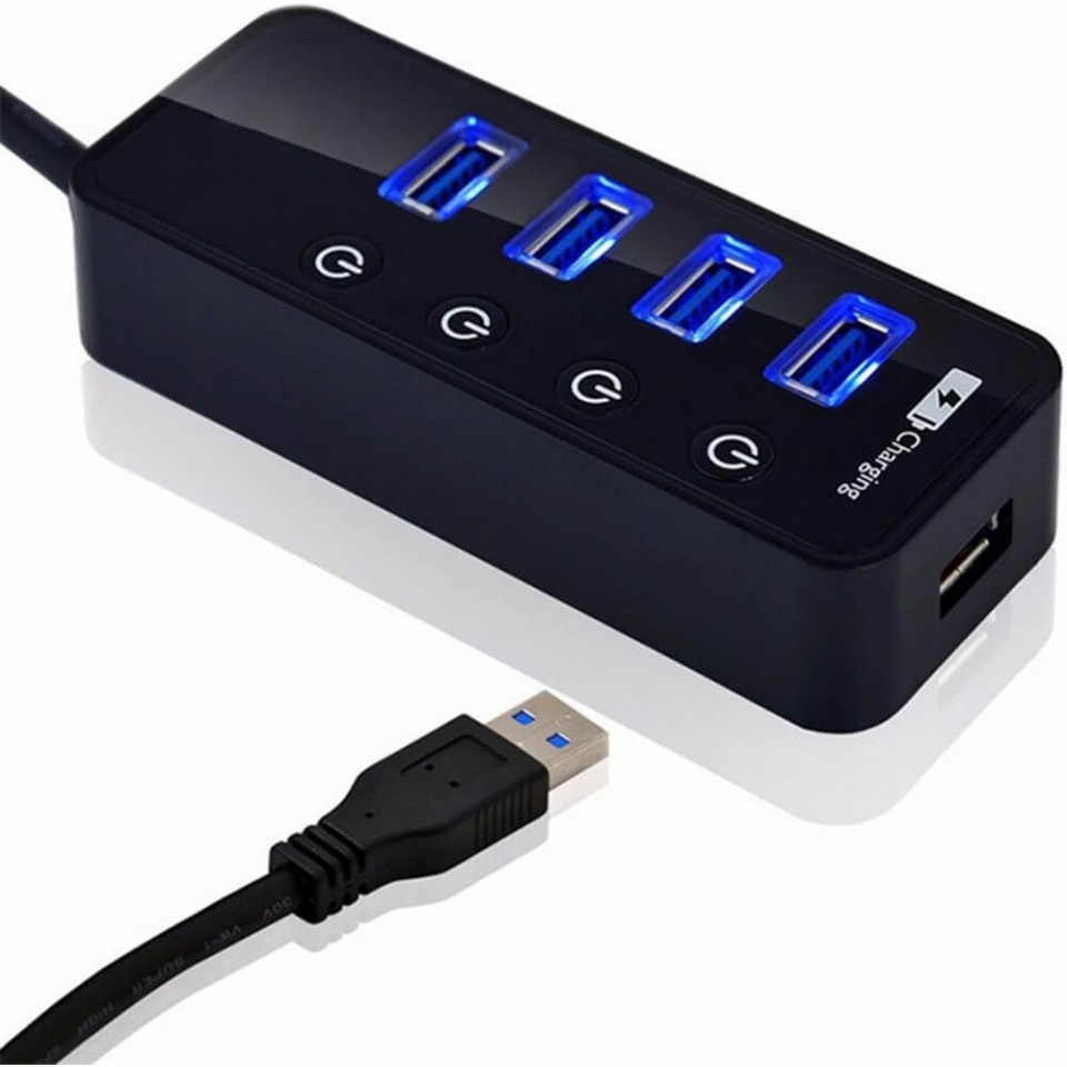 XBOSS i4 USB Splitter for Laptop PC 5 Ports USB 3.0 Hub High Speed 5Gbps 66 Sm Cable with Individual On/Off Switches (Black)