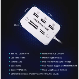 XBOSS C6 Card Reader and 3 Ports Usb Hub, High Speed External Memory Card Reader (MS, Micro SD,SD/MMC,M2,TF Card)