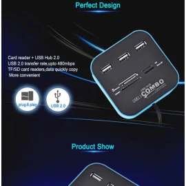 XBOSS N7 USB Hub 2.0 480Mbps USB Combo Card Reader All in One Multi USB Splitter for MS,M2,SD/MMC,TF Portable for PC Laptop Smart Tv Game and ETS