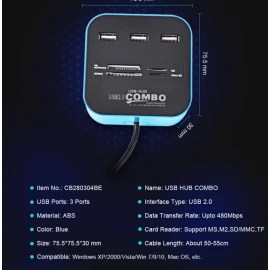 XBOSS N7 USB Hub 2.0 480Mbps USB Combo Card Reader All in One Multi USB Splitter for MS,M2,SD/MMC,TF Portable for PC Laptop Smart Tv Game and ETS