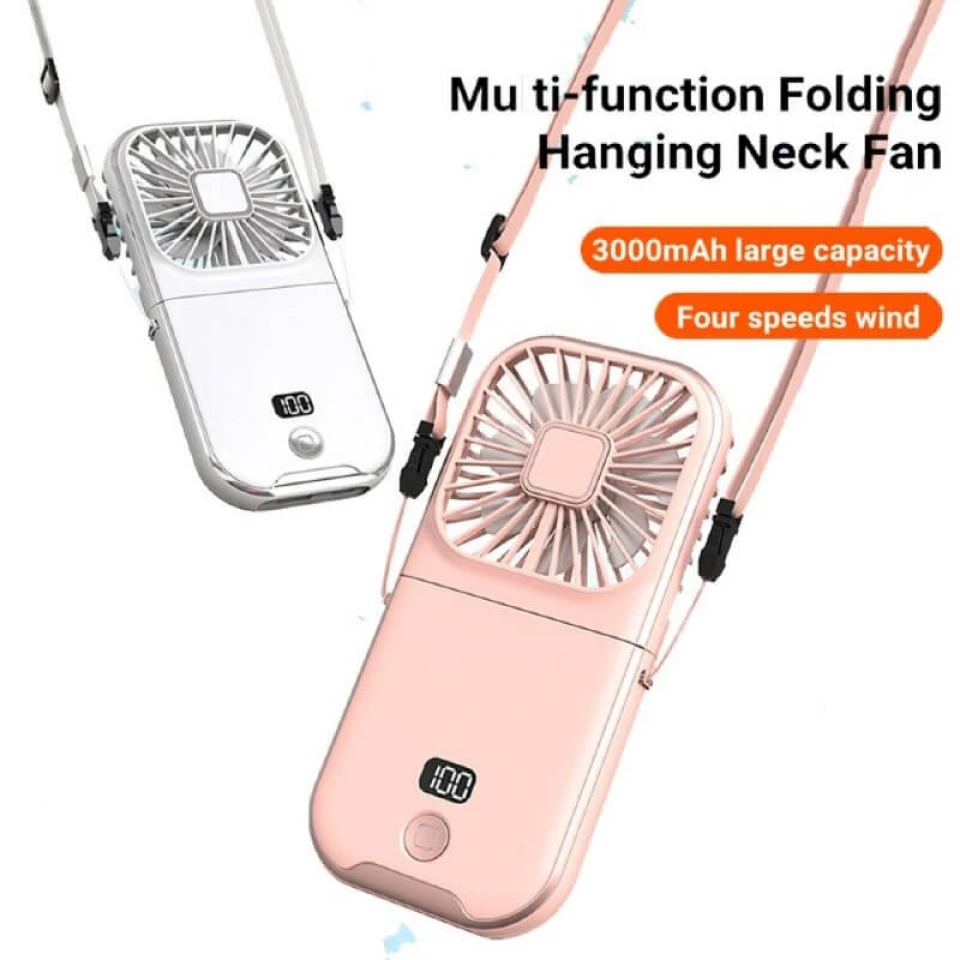 Mini Portable Folding Neck Fan with 3000mAh Power Bank Handheld Desktop Rechargeable