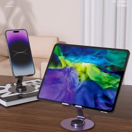 Adjustable Metal Phone & Tablet Stand | 720° Rotating, Foldable, Portable Desk Holder for Office & Live Streaming
